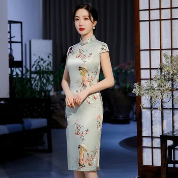 Новое Винтажное Праздничное платье Cheongsams для Вечеринок, сексуальное Атласное Тонкое Женское платье Ципао с высоким Разрезом, традиционное китайское платье с воротником-стойкой