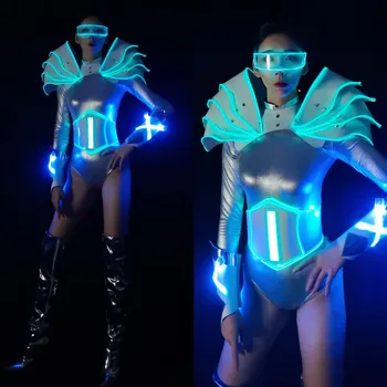 Светящиеся технологические костюмы для вечеринки в баре ice blue LED панк-кибер-танцевальная труппа, бар gogo dance party