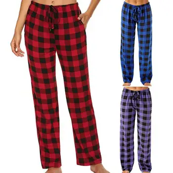 Универсальная пижама в клетку с широкими штанинами, брюки со стрейчевым шнурком, Свободные штаны для сна с рисунком в клетку для дома