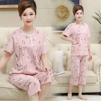 Пижама для мам среднего и пожилого возраста, женские летние хлопчатобумажные укороченные брюки с коротким рукавом, утягивающий комплект свободной домашней одежды большого размера