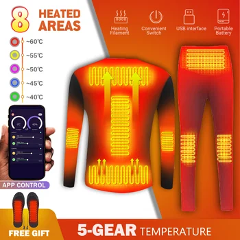 Зимнее обогревающее нижнее белье, приложение для смартфона, Контролирующее температуру, Комплект мотоциклетной куртки с подогревом, Питание от USB Аккумулятора, Комплект теплого нижнего белья