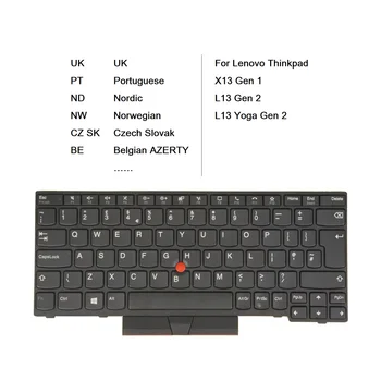 Клавиатура для ноутбука Lenovo ThinkPad L13/L13 Yoga Gen 2, X13 Gen 1 Великобритания Португальский Скандинавский Норвежский Чешский Словацкий Бельгийский AZERTY