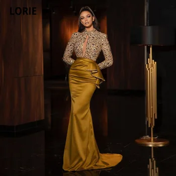 Вечерние платья LORIE в арабском стиле, золотое платье с высоким воротом, расшитое бисером, с длинными рукавами, расшитое блестками, платье русалки для выпускного вечера, вечернее платье abendkleider 2021, Дубай
