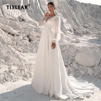 Элегантные Свадебные платья из атласа Трапециевидной формы От TIXLEAR С длинными Прозрачными рукавами, Иллюзионным V-образным вырезом, открытой спиной, Vestido De Novias 2023