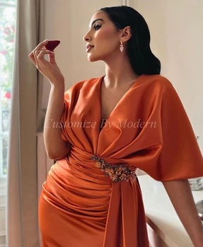 Оранжевые Длинные платья для выпускного вечера, плиссированный V-образный вырез, бисероплетение, длина до пола, Женское вечернее платье из Саудовской Аравии