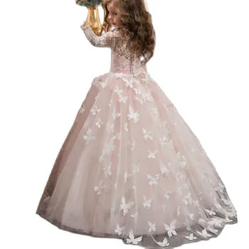 Платья для девочек в цветочек на свадьбу, Пачка Принцессы с бабочкой, Кружевное платье с аппликацией, Винтажное платье для Первого Причастия для девочек