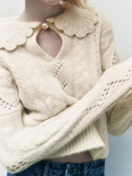 2023 весна и осень, новый женский милый кукольный воротник в европейском и американском стиле с жемчужной пряжкой, короткий свитер, вязаный свитер sw