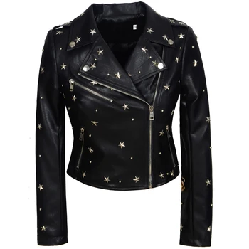 Новые зимние женские куртки из искусственной кожи, байкерские мотоциклетные черные пальто с заклепками, приталенная уличная одежда, Верхняя одежда