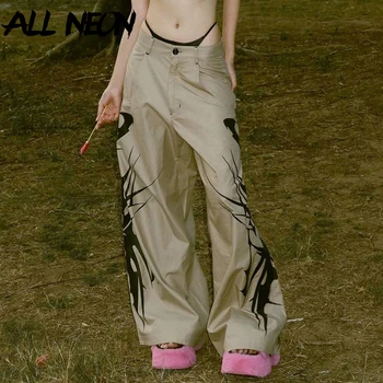 ALLNeon, тканые брюки полной длины с модным принтом в стиле хип-хоп, женские повседневные прямые брюки со свободными карманами, шикарные низы уличной одежды