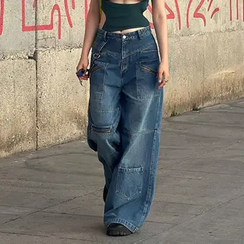 Европейский и американский стиль, Уличные джинсы с несколькими карманами, Женские Свободные универсальные прямые брюки Hot Y2K для девочек