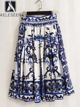 AELESEEN/ 2022 Женская юбка из 100% хлопка, Подиумная Мода, Сицилийский Фарфор, Сине-Белый Цветочный Принт, Элегантная Длинная Праздничная Юбка