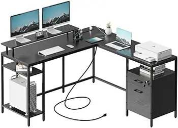 Компьютерный стол с розетками и картотекой, L-образный стол с подставкой для монитора и полками для хранения, Угловой стол Home Of