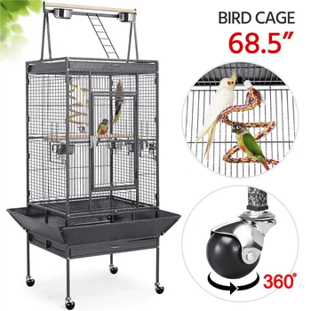 68,5-дюймовая игровая клетка для попугаев на колесиках, черная, легко моющаяся
