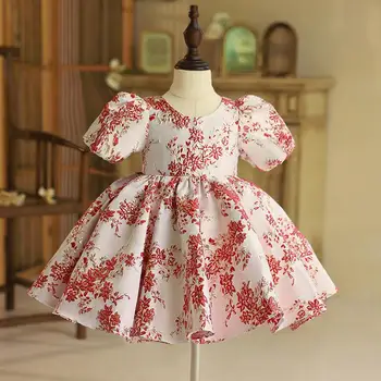 2022 Летняя Повседневная одежда для маленьких девочек, Детская одежда Принцессы, Детские Красные Платья с пышным цветочным Принтом, Vestido