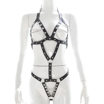 Сексуальное женское Боди, Клубная одежда, ремень из искусственной кожи, обвязка для тела, бюстгальтер на металлической цепочке и костюм для танца на шесте в промежности
