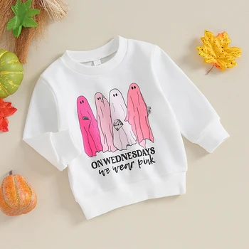 Одежда Для маленьких девочек и мальчиков на Хэллоуин, толстовка Ghost Crewneck, пуловер оверсайз, свитер, Осенняя одежда