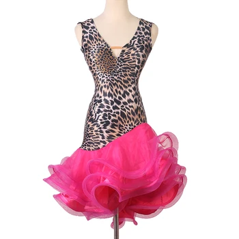 Женское платье для латиноамериканских танцев с V-образным вырезом, профессиональная юбка на подтяжках, леопардовая трехступенчатая юбка для квадратного танца, платье для румбы, самбы, ча-ча-ча