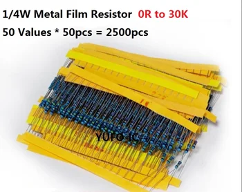 50 значений * 50 шт. = 2500 шт. 0R-30k Ом 1/4 Вт 5% Металлический резистор с резисторным наполнителем Комплект в упаковке 1R 47R 100R 180R 220R 560R 1K 2,2K 10K 20K