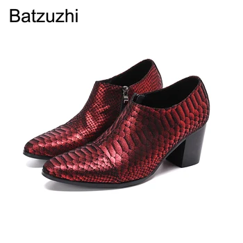 Мужская обувь Batzuzhi на высоком каблуке 7,5 см, кожаные ботильоны с острым носком и рисунком рыбы, мужские Красные вечерние и свадебные туфли на молнии, мужские