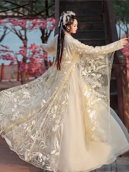 Hanfu/Комплект платьев в китайском стиле, Женские винтажные Элегантные с цветочной вышивкой сценические костюмы для танцев Феи, Женские наряды милой принцессы