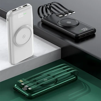 20000 мАч Портативное Беспроводное Зарядное устройство Qi Power Bank Встроенный Кабель Powerbank для iPhone 14 13 12 X Samsung S22 S21 Xiaomi Повербанк