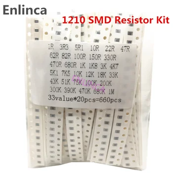 660шт 33 значения 1210 SMD Комплект резисторов Ассорти 1 Ом-1 М Ом 1% 33 значения x 20шт Набор образцов