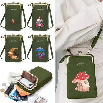 Женские сумки через плечо с грибным принтом для мобильного телефона, женская сумка с карманом из искусственной кожи, дамский кошелек, сумки-мессенджеры