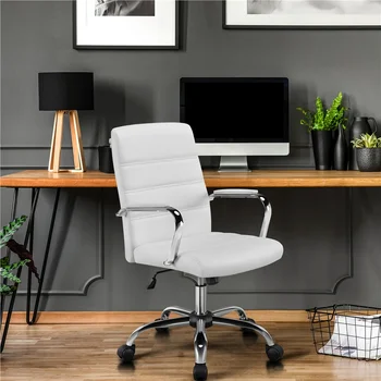 Поворотное офисное кресло из искусственной кожи с регулируемой средней спинкой, белые офисные стулья, Компьютерное кресло