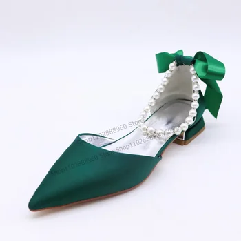 Зеленая Шелковая лента, Туфли-лодочки с жемчужным Декором, Квадратный Каблук, Женская обувь с ремешком на щиколотке и пряжкой, Острый Носок, 2023 Zapatos Para Mujere