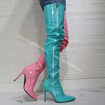 Пикантные женские сапоги до колена из лакированной кожи с острым носком и застежкой-молнией сбоку на тонком высоком каблуке, весенняя обувь 2023 года, Zapatos Para Mujere