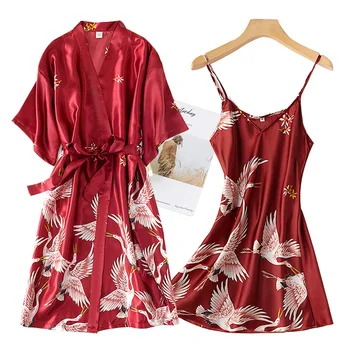 Женская пижама, Комплекты из 2 предметов, Атласная Шелковая пижама, Халат с птичьим принтом, Ночная рубашка и Кимоно с открытой спиной, платье для сна, Пижамный комплект