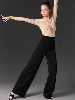 Новые брюки для латиноамериканских танцев 2023, Женские прямые брюки с высокой талией и широкими штанинами для взрослых, профессиональные брюки для занятий танцами национального стандарта