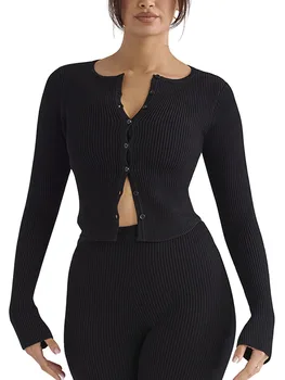 Женский укороченный свитер из рубчатого трикотажа с V-образным вырезом и пуговицами - стильный однотонный кардиган с длинным рукавом для осенней моды и уличной одежды