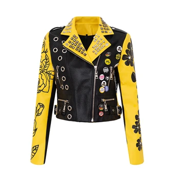 Женская кожаная куртка с заклепками, осенняя мотоциклетная куртка с лацканами, куртка из искусственной кожи, женская черная, желтая верхняя одежда из искусственной кожи