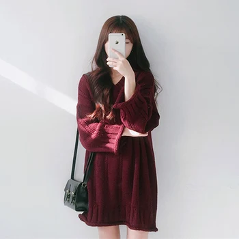 Женская одежда C & M 2020, Корейский стиль, V-образный вырез, Свободное однотонное мини-трикотажное платье с длинным рукавом