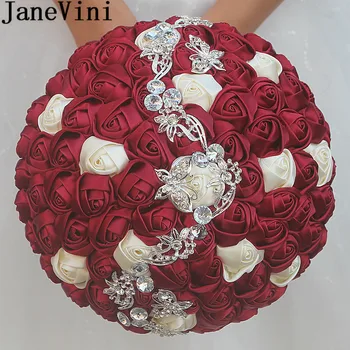 JaneVini Букет невесты из атласных цветов 24 см с хрустальной розой, Бордовый цветок, Свадебный букет из бисера, Фиолетовые букеты, Аксессуары