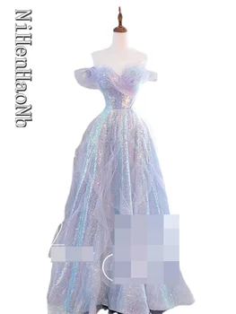 Блестящие светло-Голубые Пышные платья Трапециевидной формы, Блестящее Изысканное Вечернее платье с пайетками, Vestidos