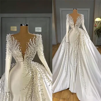 Свадебное платье-футляр с глубоким V-образным вырезом и длинным рукавом, Расшитое бисером, Свадебное платье из Саудовской Аравии со съемным хвостом 2024