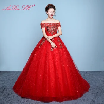 AnXin SH цветочное кружевное красное свадебное платье принцессы винтажное блестящее с вырезом лодочкой иллюзия хрустального цветка белое кружевное свадебное платье невесты