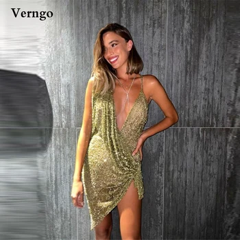 Verngo Блестящие зеленые бусины Платье для выпускного Вечера Короткое праздничное платье на бретельках с глубоким V-образным вырезом Асимметричное коктейльное платье Lady Summer