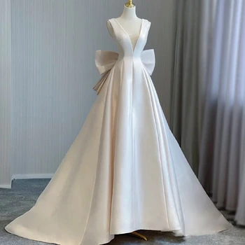 Атласные свадебные платья трапециевидной формы с V-образным вырезом и бантом, свадебные платья без спинки