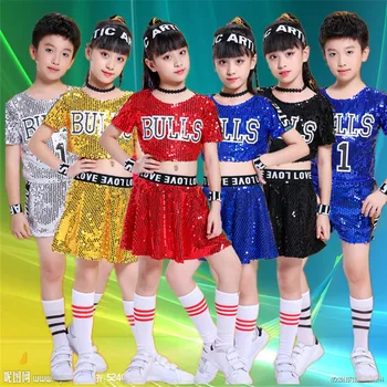 Детский джазовый танцевальный костюм с блестками для мальчиков и девочек, современный танцевальный костюм для чирлидинга, детские танцевальные костюмы в стиле хип-хоп
