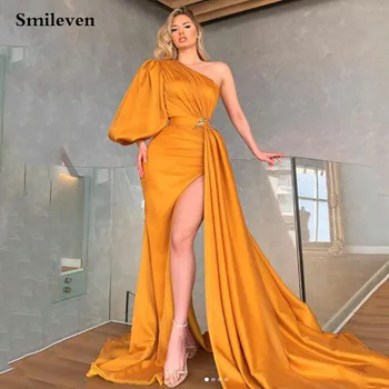 Вечернее платье Smileven из атласа Оранжевого цвета на одно плечо, Длинное Платье Русалки с разрезом по бокам и шлейфом, Платья знаменитостей Дубая 2021