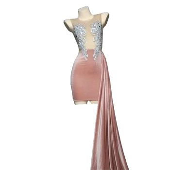 Розовое бархатное платье с лебедем, платье-футляр со стразами, женское вечернее платье для свадьбы, Помолвки, Вечернее платье для ночного клуба, наряд для подиума