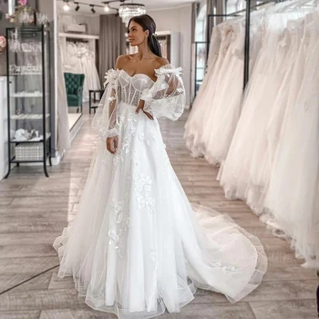 3D Кружевное Тюлевое Свадебное платье со съемным Пышным рукавом Трапециевидной формы, Свадебные платья в виде сердца, Длинные Свадебные платья с аппликацией
