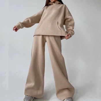 Модный костюм 2023 Года, женский осенне-зимний однотонный повседневный свитер с капюшоном и карманами, костюм-двойка с длинными рукавами