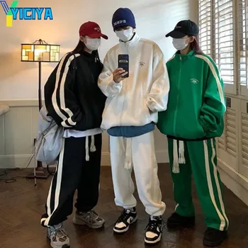 Комплекты брюк YICIYA, Женский спортивный костюм, комплект из двух предметов, верхняя одежда, новые Широкие брюки в полоску и куртка на молнии, Женский Костюм