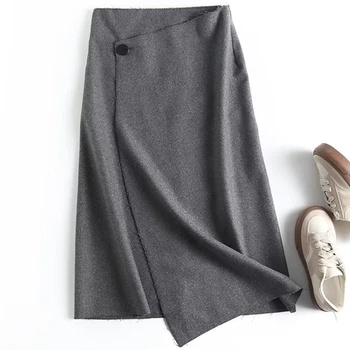 Увядшие офисные женские юбки миди серого цвета, женские асимметричные шерстяные юбки в Английском стиле