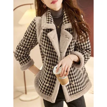 2023 Осенне-зимнее хлопковое пальто Премиум-класса, Женское Модное клетчатое стеганое пальто с отворотом