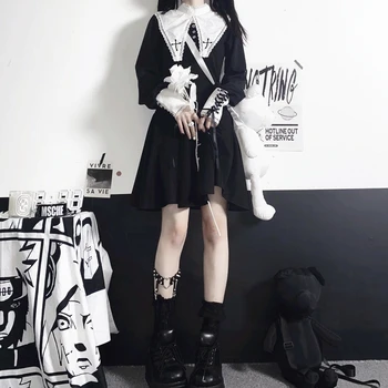 Готическое платье HOUZHOU, Женские Черные Кружевные мини-платья в стиле пэчворк, Бандажное Платье в готическом стиле, Уличная одежда для клуба на Хэллоуин, Весенне-осенние наряды